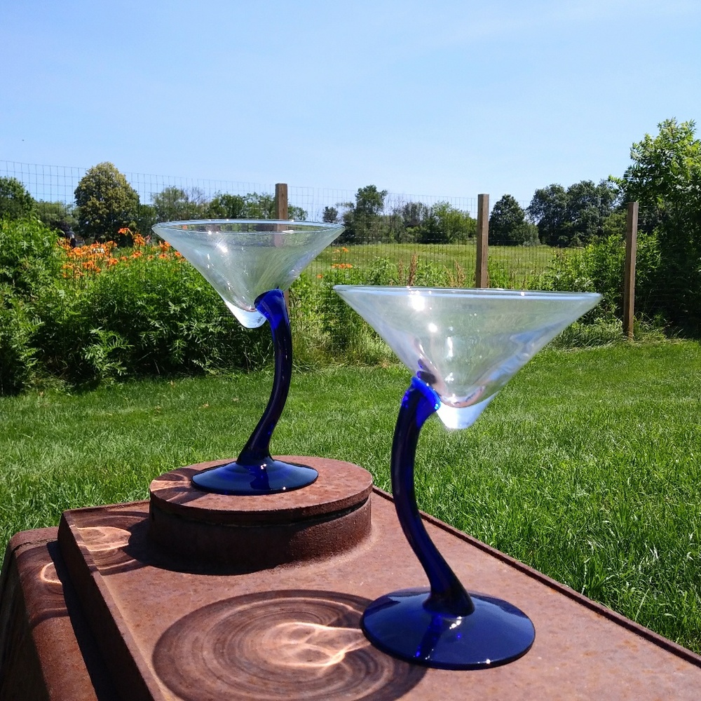 Pair of Blue Stem Asymmetric Martini Glasses